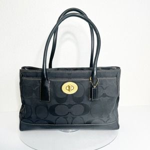 Coach Madeline Black Leather Signature Canvas Satchel Tote Shoulder Bag